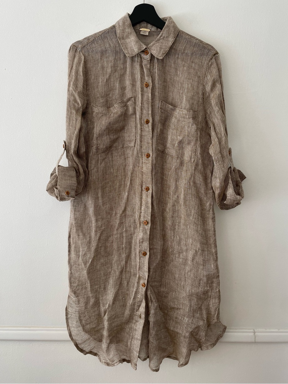 Magaschoni Long Button Up 100% Sheer Linen Shirt Dress Size S